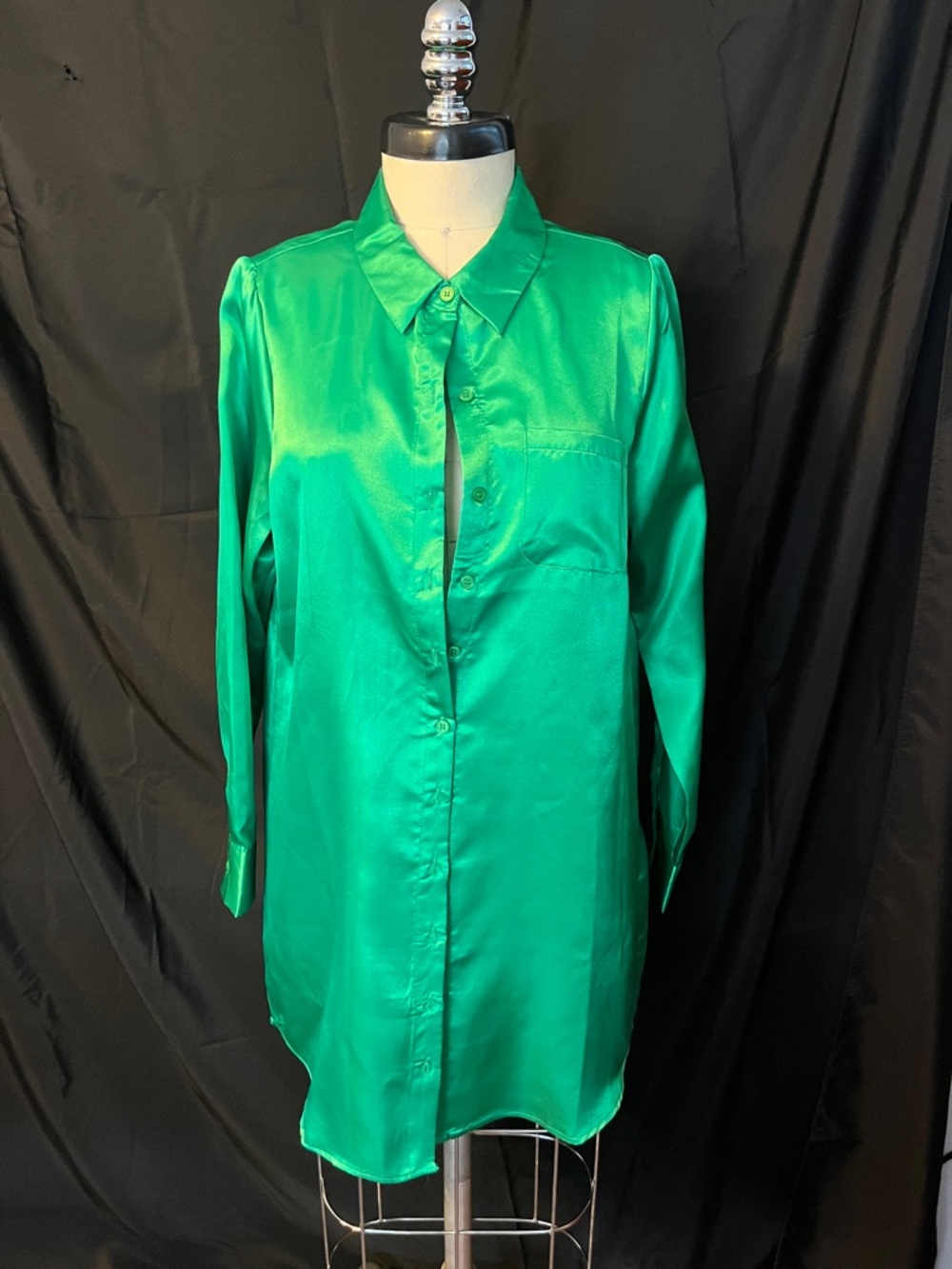 Green Satin Button-Up Shirt Dress